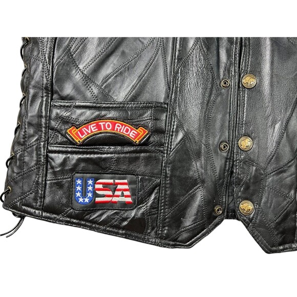 Diamond Plate Rock Design Buffalo Leather Motorcycle Biker Vest w Patches  XL - Picture 3 of 8